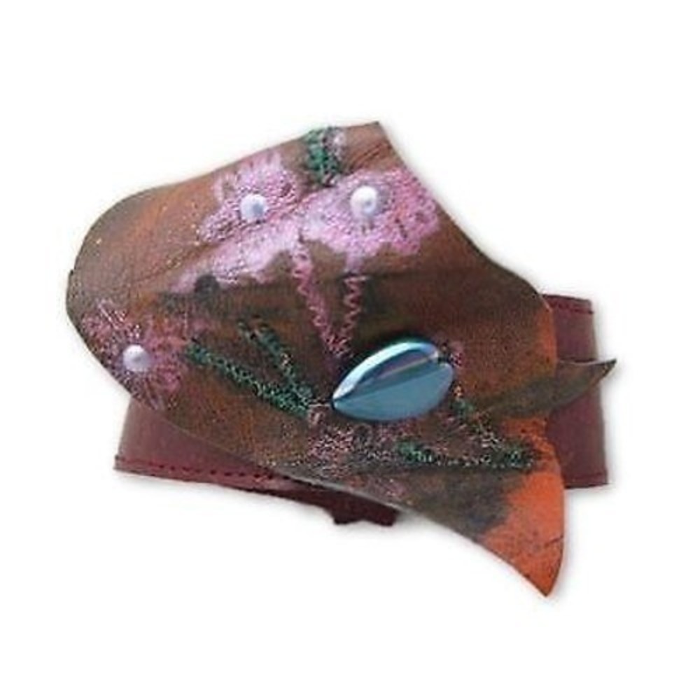 Vintage Artisan Studio Red Leather Floral Glass Stone Snap Cuff Bracelet‎